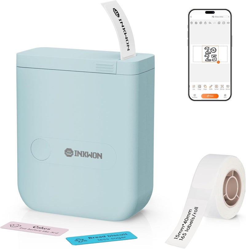InkWon D110 Label Maker Machine with Tape, Bluetooth Mini Label Maker with Various Templates, Wireless Portable Small Label Printer for Home, Office, School, Blue - Image 1